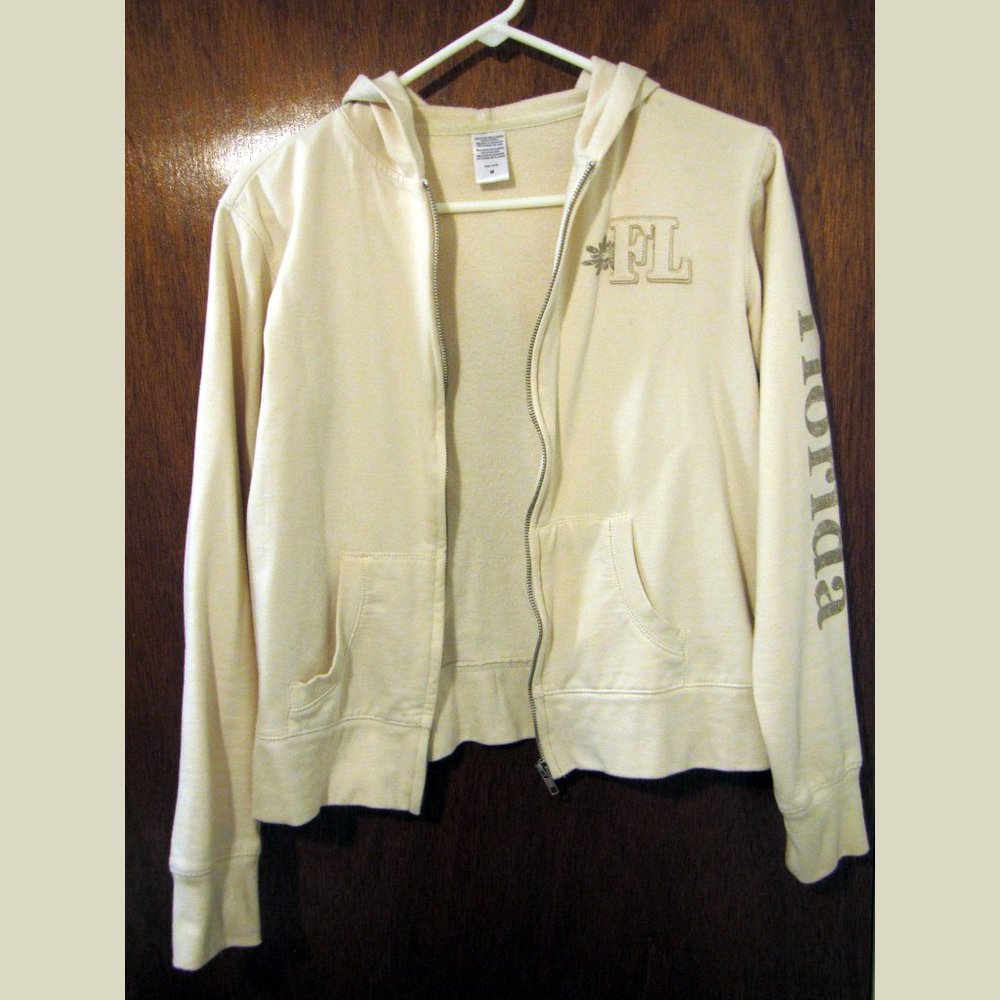 Beige Zipper Knit Sweater Hoodie Hooded Florida FL Jacket Fleece Lined M